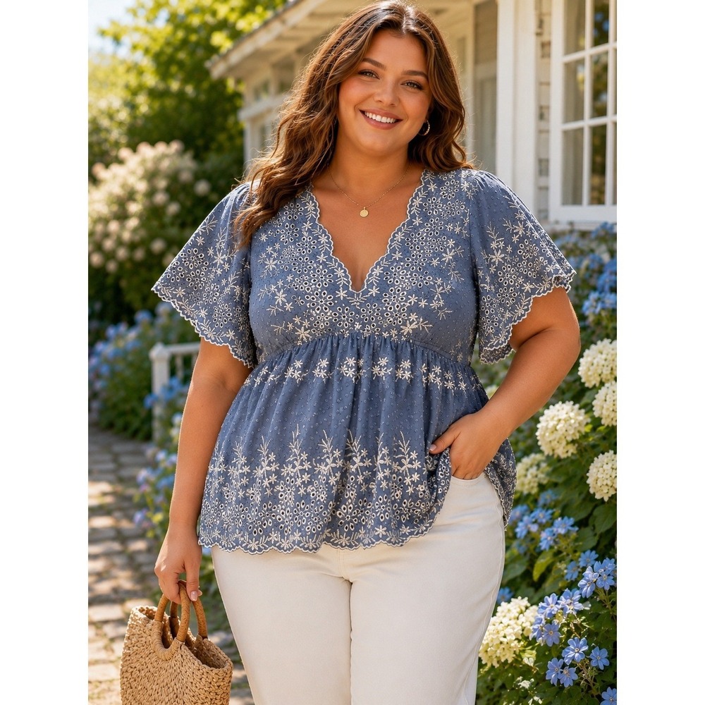 Feminine Coquette Eyelet Floral Boho Cottagecore Blue Top Sz XL/1X/14-16